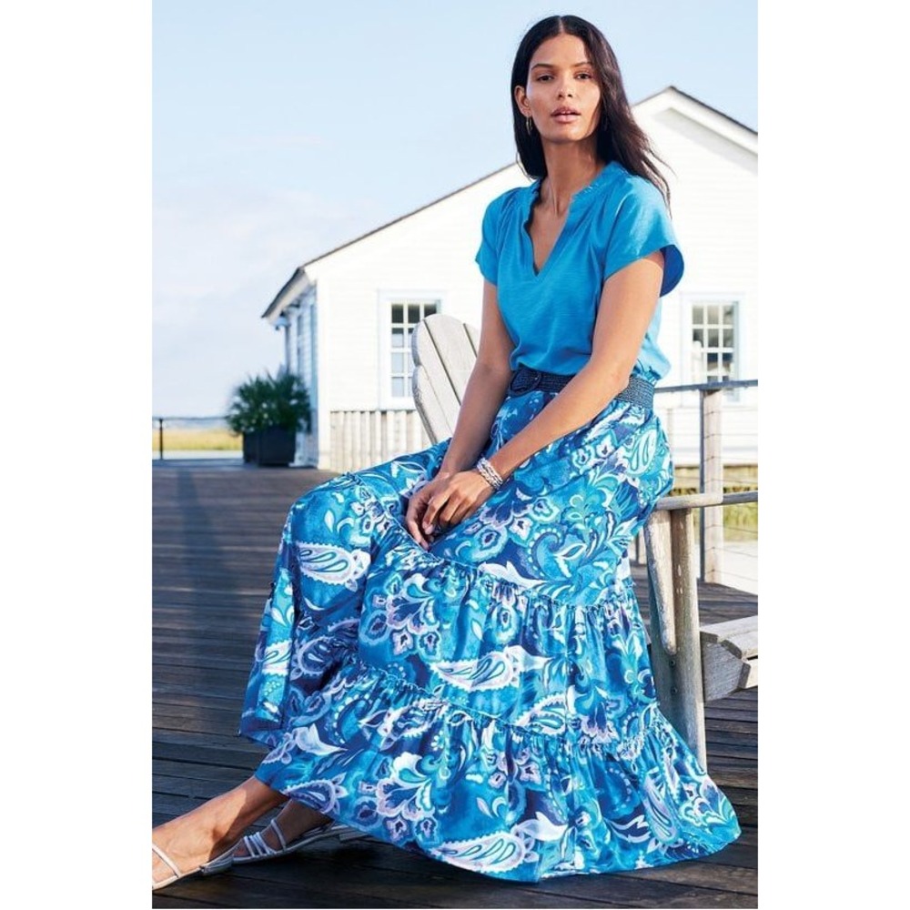 Soft Surroundings Feyre Maxi Skirt L Blue Paisley Tiered Boho Coastal Peasant